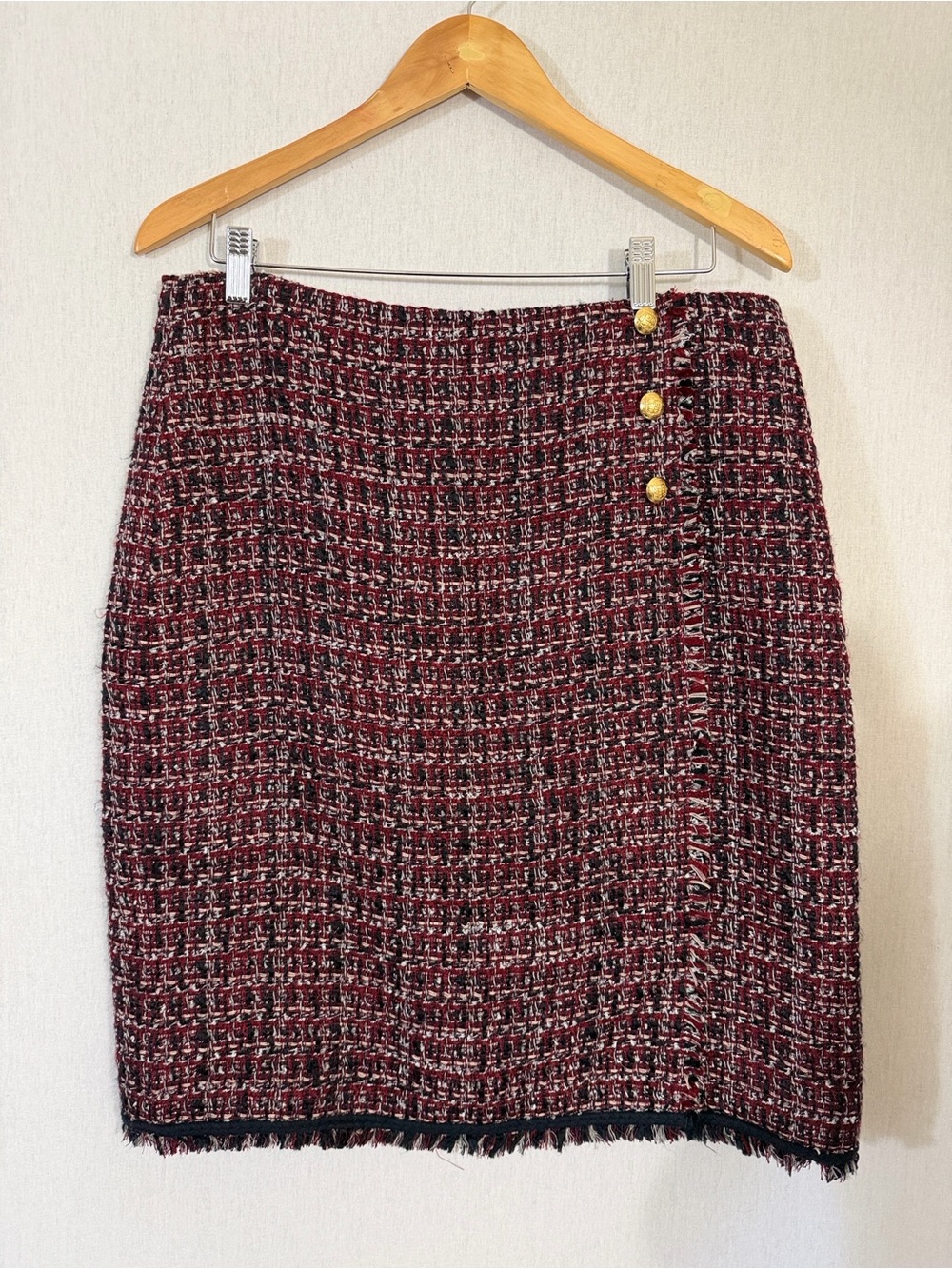 Talbots Burgundy Red Boucle Tweed Faux Wrap Skirt Fringe Hem and Gold Buttons
